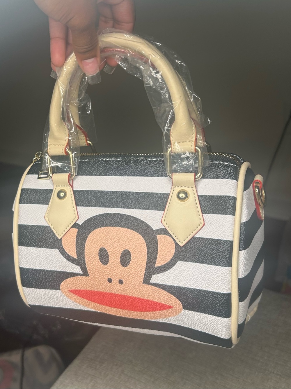 Striped Monkey Print Mini Satchel Handbag in Black & Cream